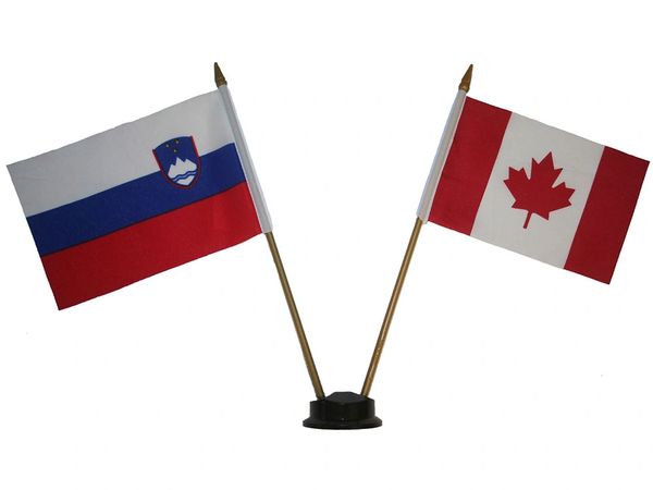 SLOVENIA & CANADA SMALL 4" X 6" INCHES MINI DOUBLE COUNTRY STICK FLAG BANNER ON A 10 INCHES PLASTIC POLE .. NEW AND IN A PACKAGE