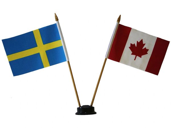 SWEDEN & CANADA SMALL 4" X 6" INCHES MINI DOUBLE COUNTRY STICK FLAG BANNER ON A 10 INCHES PLASTIC POLE .. NEW AND IN A PACKAGE