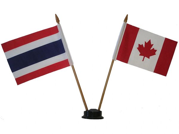 THAILAND & CANADA SMALL 4" X 6" INCHES MINI DOUBLE COUNTRY STICK FLAG BANNER ON A 10 INCHES PLASTIC POLE .. NEW AND IN A PACKAGE