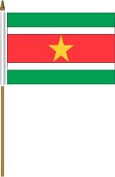 SURINAME 4" X 6" INCHES MINI COUNTRY STICK FLAG BANNER ON A 10 INCHES PLASTIC POLE .. NEW AND IN A PACKAGE.