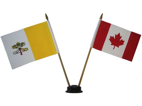 VATICAN & CANADA SMALL 4" X 6" INCHES MINI DOUBLE COUNTRY STICK FLAG BANNER ON A 10 INCHES PLASTIC POLE .. NEW AND IN A PACKAGE