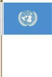 UNITED NATIONS LARGE 12" X 18" INCHES STICK FLAG ON 2 FOOT WOODEN STICK .. NEW AND IN A PACKAGE.