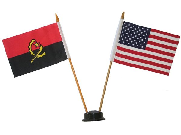 ANGOLA & USA SMALL 4" X 6" INCHES MINI DOUBLE COUNTRY STICK FLAG BANNER ON A 10 INCHES PLASTIC POLE .. NEW AND IN A PACKAGE