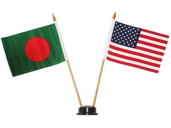 BANGLADESH & USA SMALL 4" X 6" INCHES MINI DOUBLE COUNTRY STICK FLAG BANNER ON A 10 INCHES PLASTIC POLE .. NEW AND IN A PACKAGE