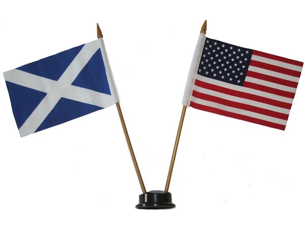 SCOTLAND - ST. ANDREW & USA SMALL 4" X 6" INCHES MINI DOUBLE COUNTRY STICK FLAG BANNER ON A 10 INCHES PLASTIC POLE .. NEW AND IN A PACKAGE