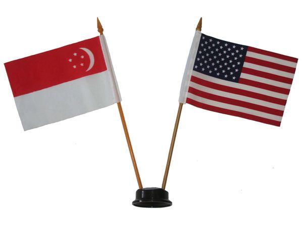 SINGAPORE & USA SMALL 4" X 6" INCHES MINI DOUBLE COUNTRY STICK FLAG BANNER ON A 10 INCHES PLASTIC POLE .. NEW AND IN A PACKAGE