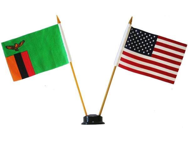 ZAMBIA & USA SMALL 4" X 6" INCHES MINI DOUBLE COUNTRY STICK FLAG BANNER ON A 10 INCHES PLASTIC POLE .. NEW AND IN A PACKAGE