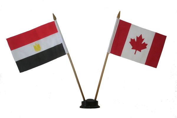 EGYPT & CANADA SMALL 4" X 6" INCHES MINI DOUBLE COUNTRY STICK FLAG BANNER ON A 10 INCHES PLASTIC POLE .. NEW AND IN A PACKAGE
