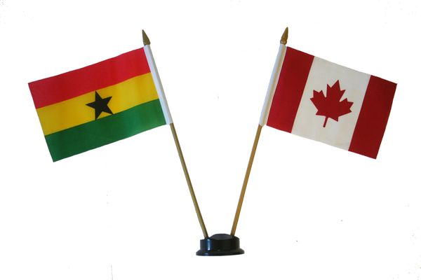 GHANA & CANADA SMALL 4" X 6" INCHES MINI DOUBLE COUNTRY STICK FLAG BANNER ON A 10 INCHES PLASTIC POLE .. NEW AND IN A PACKAGE