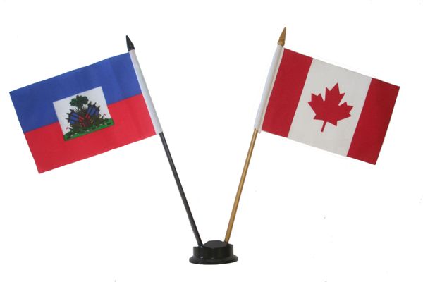 HAITI & CANADA SMALL 4" X 6" INCHES MINI DOUBLE COUNTRY STICK FLAG BANNER ON A 10 INCHES PLASTIC POLE .. NEW AND IN A PACKAGE
