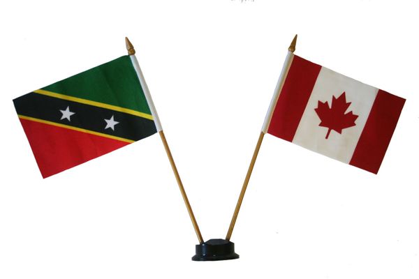 ST. KITTS - NEVIS & CANADA SMALL 4" X 6" INCHES MINI DOUBLE COUNTRY STICK FLAG BANNER ON A 10 INCHES PLASTIC POLE .. NEW AND IN A PACKAGE