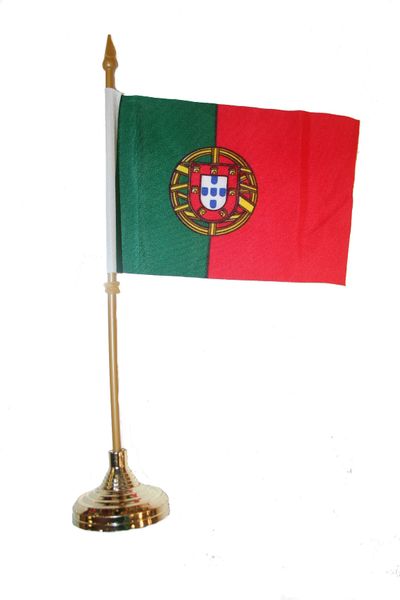 PORTUGAL 4" X 6" INCHES MINI COUNTRY STICK FLAG BANNER WITH GOLD STAND ON A 10 INCHES PLASTIC POLE .. NEW AND IN A PACKAGE.