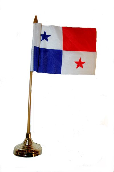 PANAMA 4" X 6" INCHES MINI COUNTRY STICK FLAG BANNER WITH GOLD STAND ON A 10 INCHES PLASTIC POLE .. NEW AND IN A PACKAGE.