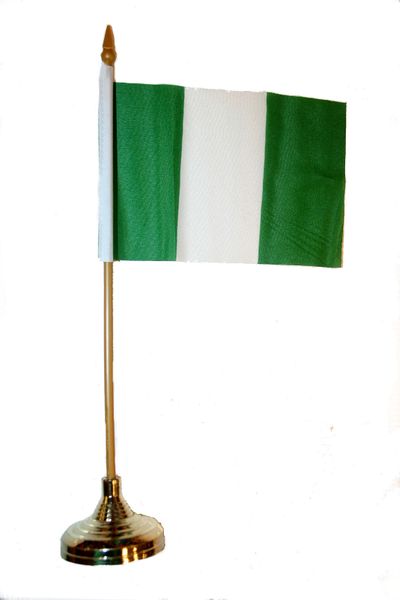 NIGERIA 4" X 6" INCHES MINI COUNTRY STICK FLAG BANNER WITH GOLD STAND ON A 10 INCHES PLASTIC POLE .. NEW AND IN A PACKAGE.