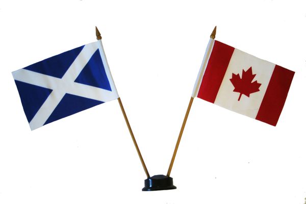 SCOTLAND - ST. ANDREW & CANADA SMALL 4" X 6" INCHES MINI DOUBLE COUNTRY STICK FLAG BANNER ON A 10 INCHES PLASTIC POLE .. NEW AND IN A PACKAGE