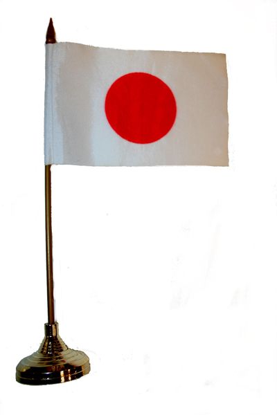 JAPAN 4" X 6" INCHES MINI COUNTRY STICK FLAG BANNER WITH GOLD STAND ON A 10 INCHES PLASTIC POLE .. NEW AND IN A PACKAGE.