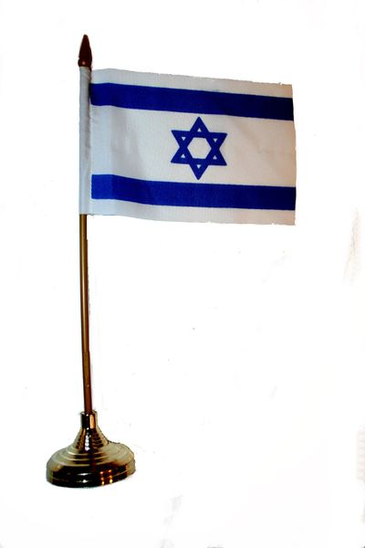 ISRAEL 4" X 6" INCHES MINI COUNTRY STICK FLAG BANNER WITH GOLD STAND ON A 10 INCHES PLASTIC POLE .. NEW AND IN A PACKAGE.