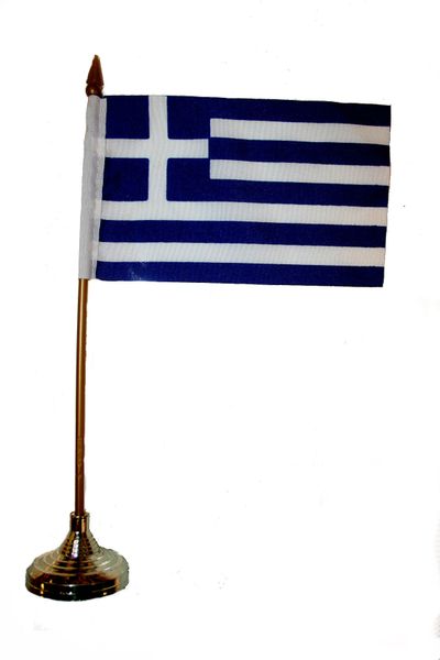 GREECE 4" X 6" INCHES MINI COUNTRY STICK FLAG BANNER WITH GOLD STAND ON A 10 INCHES PLASTIC POLE .. NEW AND IN A PACKAGE.