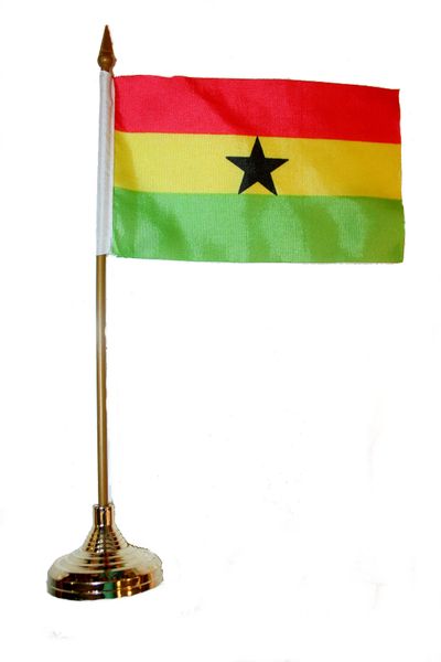 GHANA 4" X 6" INCHES MINI COUNTRY STICK FLAG BANNER WITH GOLD STAND ON A 10 INCHES PLASTIC POLE .. NEW AND IN A PACKAGE.