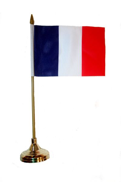 FRANCE 4" X 6" INCHES MINI COUNTRY STICK FLAG BANNER WITH GOLD STAND ON A 10 INCHES PLASTIC POLE .. NEW AND IN A PACKAGE.