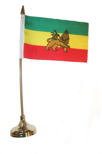 ETHIOPIA WITH LION 4" X 6" INCHES MINI COUNTRY STICK FLAG BANNER WITH GOLD STAND ON A 10 INCHES PLASTIC POLE .. NEW AND IN A PACKAGE.