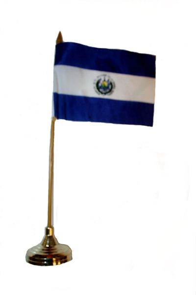 EL SALVADOR 4" X 6" INCHES MINI COUNTRY STICK FLAG BANNER WITH GOLD STAND ON A 10 INCHES PLASTIC POLE .. NEW AND IN A PACKAGE.