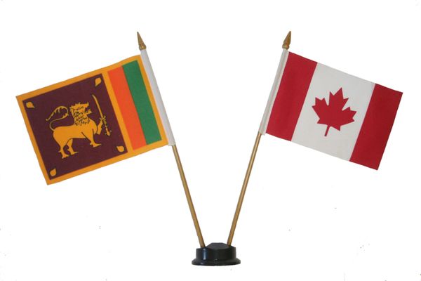 SRI LANKA & CANADA SMALL 4" X 6" INCHES MINI DOUBLE COUNTRY STICK FLAG BANNER ON A 10 INCHES PLASTIC POLE .. NEW AND IN A PACKAGE