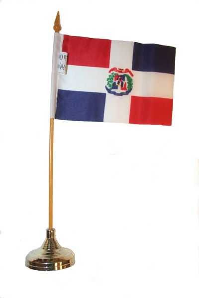 DOMINICAN REPUBLIC 4" X 6" INCHES MINI COUNTRY STICK FLAG BANNER WITH GOLD STAND ON A 10 INCHES PLASTIC POLE .. NEW AND IN A PACKAGE.