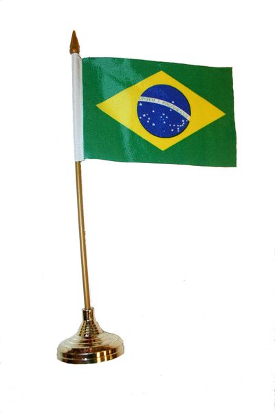 BRASIL 4" X 6" INCHES MINI COUNTRY STICK FLAG BANNER WITH GOLD STAND ON A 10 INCHES PLASTIC POLE .. NEW AND IN A PACKAGE.