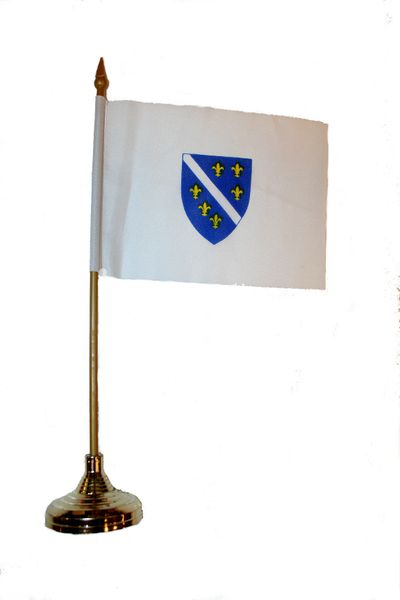 BOSNIA & HERZEGOVINA OLD 4" X 6" INCHES MINI COUNTRY STICK FLAG BANNER WITH GOLD STAND ON A 10 INCHES PLASTIC POLE .. NEW AND IN A PACKAGE.
