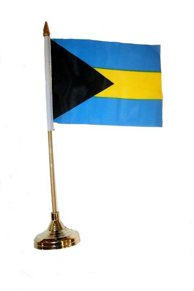 BAHAMAS 4" X 6" INCHES MINI COUNTRY STICK FLAG BANNER WITH GOLD STAND ON A 10 INCHES PLASTIC POLE .. NEW AND IN A PACKAGE.