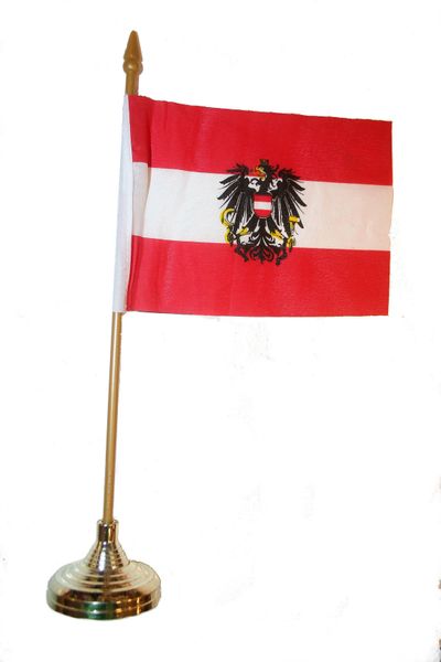 AUSTRIA WITH EAGLE 4" X 6" INCHES MINI COUNTRY STICK FLAG BANNER WITH GOLD STAND ON A 10 INCHES PLASTIC POLE .. NEW AND IN A PACKAGE.