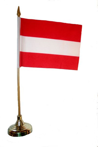 AUSTRIA 4" X 6" INCHES MINI COUNTRY STICK FLAG BANNER WITH GOLD STAND ON A 10 INCHES PLASTIC POLE .. NEW AND IN A PACKAGE.