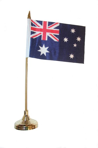 AUSTRALIA 4" X 6" INCHES MINI COUNTRY STICK FLAG BANNER WITH GOLD STAND ON A 10 INCHES PLASTIC POLE .. NEW AND IN A PACKAGE.