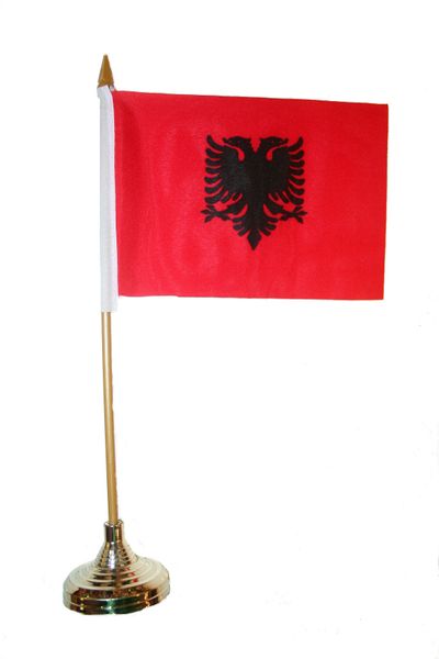 ALBANIA 4" X 6" INCHES MINI COUNTRY STICK FLAG BANNER WITH GOLD STAND ON A 10 INCHES PLASTIC POLE .. NEW AND IN A PACKAGE.