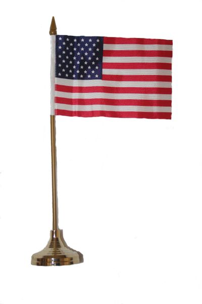USA 4" X 6" INCHES MINI COUNTRY STICK FLAG BANNER WITH GOLD STAND ON A 10 INCHES PLASTIC POLE .. NEW AND IN A PACKAGE.