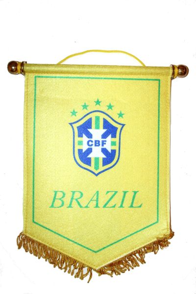 BRASIL YELLOW 5 STARS CBF LOGO FIFA SOCCER WORLD CUP DOUBLE SIDED WALL MINI BANNER .. NEW AND IN A PACKAGE.