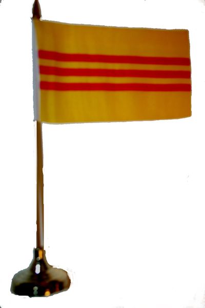 SOUTH VIETNAM 4" X 6" INCHES MINI COUNTRY STICK FLAG BANNER WITH GOLD STAND ON A 10 INCHES PLASTIC POLE .. NEW AND IN A PACKAGE.