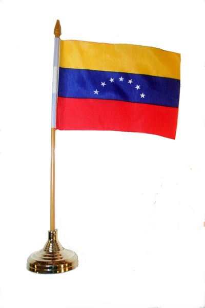 VENEZUELA 4" X 6" INCHES MINI COUNTRY STICK FLAG BANNER WITH GOLD STAND ON A 10 INCHES PLASTIC POLE .. NEW AND IN A PACKAGE.