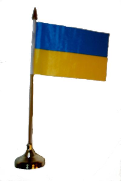 UKRAINE 4" X 6" INCHES MINI COUNTRY STICK FLAG BANNER WITH GOLD STAND ON A 10 INCHES PLASTIC POLE .. NEW AND IN A PACKAGE.