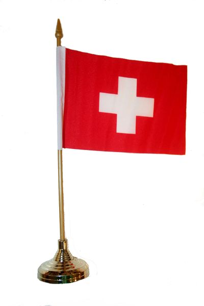 SWITZERLAND 4" X 6" INCHES MINI COUNTRY STICK FLAG BANNER WITH GOLD STAND ON A 10 INCHES PLASTIC POLE .. NEW AND IN A PACKAGE.