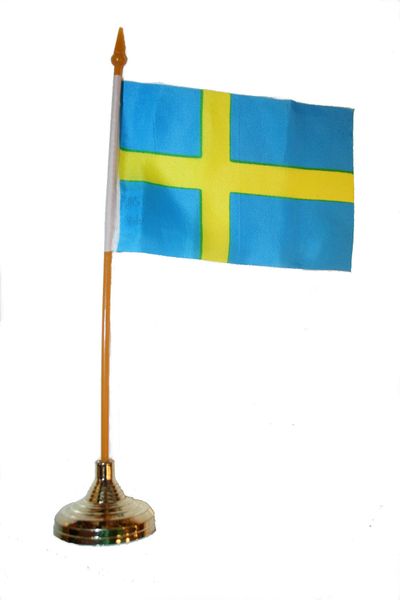 SWEDEN 4" X 6" INCHES MINI COUNTRY STICK FLAG BANNER WITH GOLD STAND ON A 10 INCHES PLASTIC POLE .. NEW AND IN A PACKAGE.