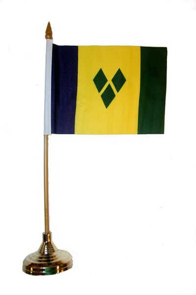 ST.VINCENT AND THE GRENADINES 4" X 6" INCHES MINI COUNTRY STICK FLAG BANNER WITH GOLD STAND ON A 10 INCHES PLASTIC POLE .. NEW AND IN A PACKAGE.