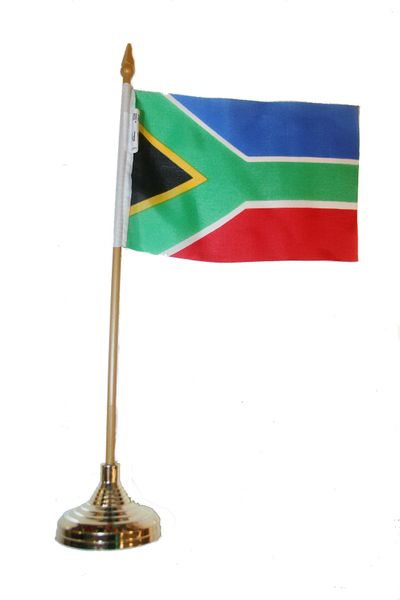 SOUTH AFRICA 4" X 6" INCHES MINI COUNTRY STICK FLAG BANNER WITH GOLD STAND ON A 10 INCHES PLASTIC POLE .. NEW AND IN A PACKAGE.