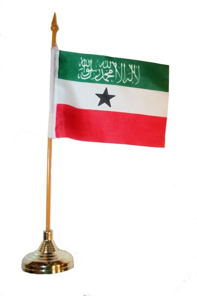 SOMALILAND 4" X 6" INCHES MINI COUNTRY STICK FLAG BANNER WITH GOLD STAND ON A 10 INCHES PLASTIC POLE .. NEW AND IN A PACKAGE.