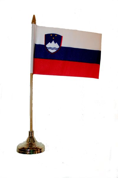 SLOVENIA 4" X 6" INCHES MINI COUNTRY STICK FLAG BANNER WITH GOLD STAND ON A 10 INCHES PLASTIC POLE .. NEW AND IN A PACKAGE.