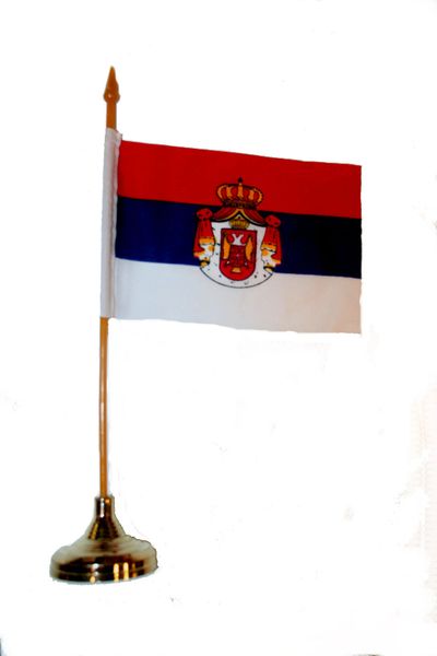 SERBIA 4" X 6" INCHES MINI COUNTRY STICK FLAG BANNER WITH GOLD STAND ON A 10 INCHES PLASTIC POLE .. NEW AND IN A PACKAGE.