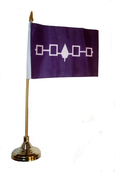 IROQUOIS First Nations 4" X 6" Inch STICK FLAG BANNER WITH GOLD STAND ON A 10 INCHES PLASTIC POLE .. NEW AND IN A PACKAGE.