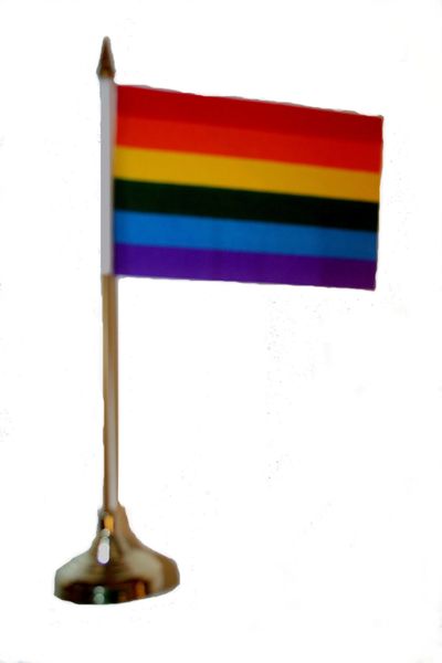 GAY LESBIAN PRIDE 4" X 6" INCHES MINI STICK FLAG BANNER WITH GOLD STAND ON A 10 INCHES PLASTIC POLE .. NEW AND IN A PACKAGE.