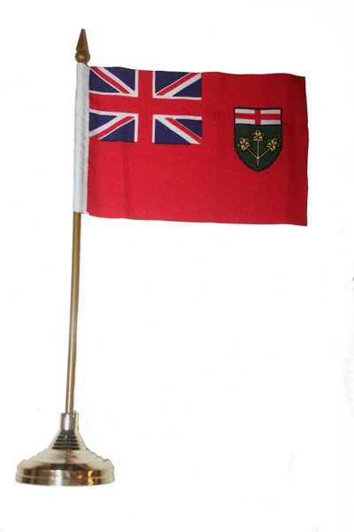 ONTARIO - CANADA PROVINCIAL FLAG 4" X 6" INCHES MINI STICK FLAG BANNER WITH GOLD STAND ON A 10 INCHES PLASTIC POLE .. NEW AND IN A PACKAGE.